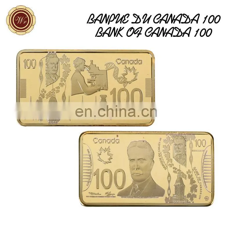 WR 100 Canadian Dollar Quality 24k Gold Plated Bar Metal Crafts with Plastic Case for Home Collection