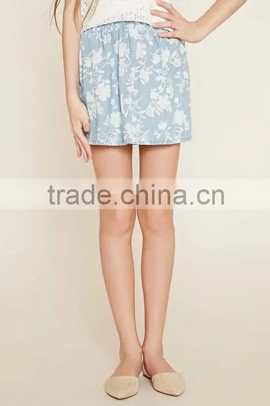 Floral printed cotton pictures midi skirt for girls with elasticized waist