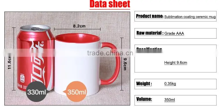 Manufacturer Wholesale 11oz Top Grade Inner Colourful Ceramic Sublimation Mug