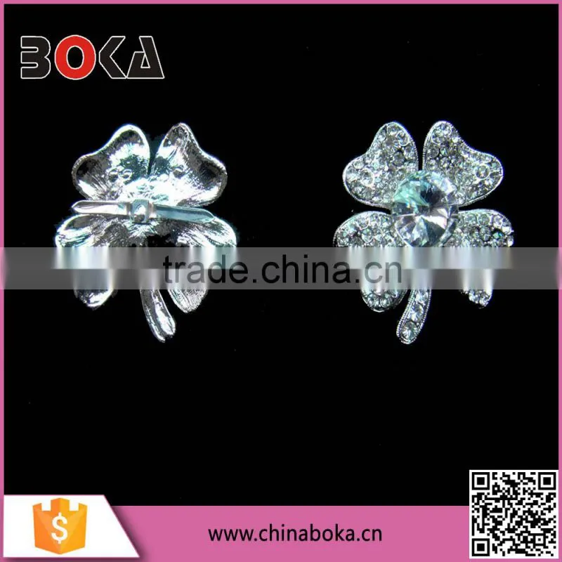 BOKA Silver Alloy Metal Four Leaf Clover Shoe buckle With Crystal Rhinestones, Rinestone Clover Shoe Buckles