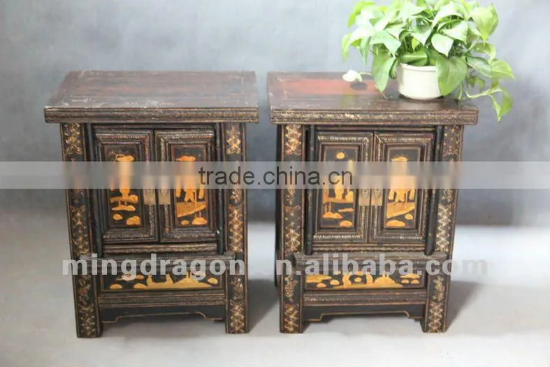 Chinese antique furniture pine wood shanxi two door black & red bedside cabinet