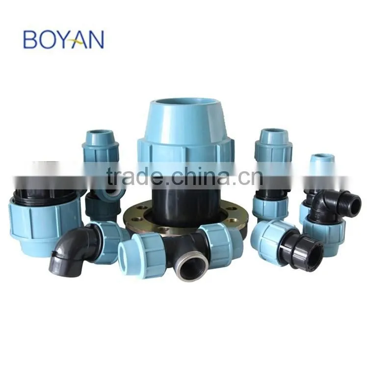 China Wholesale BOYAN zhejiang 20-110mm light blue for irrigation 90 degree elbow band pp commpression quick pipe fitting