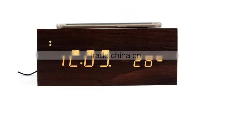 Wireless charger+Clock+Alarm+Thermometer,New style wood bluetooth speaker