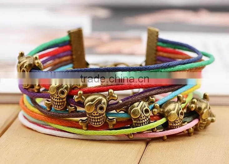 2016 Colourful multilayer rope bracelet with antique bronze bear charms
