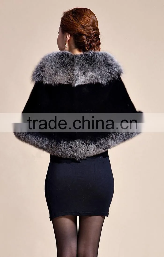 Lady's Real Mink Fur With Fox Fur Coat Mink Fur Coat Poncho / Shawl / Coats