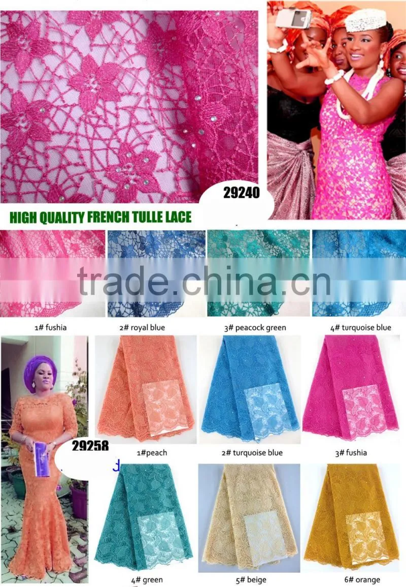 polyester Dubai french flower sequins embroidery lace fabric wholesale