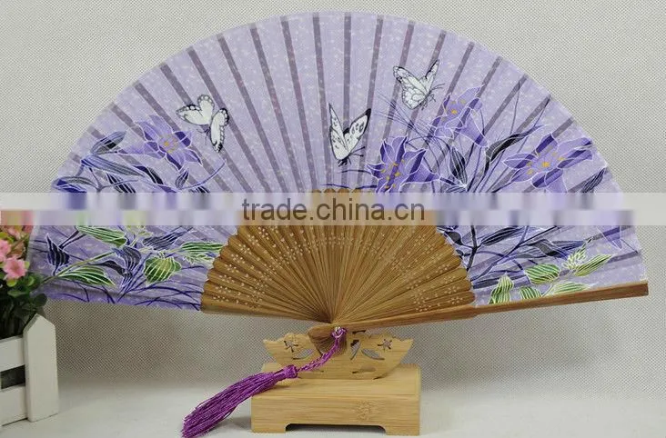 purple elegant silk bamboo fan with flower,business gift fan,wedding fan