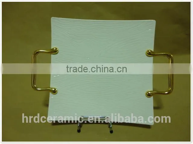 Factory supply stock cheap square white ceramic plate with Metal handle