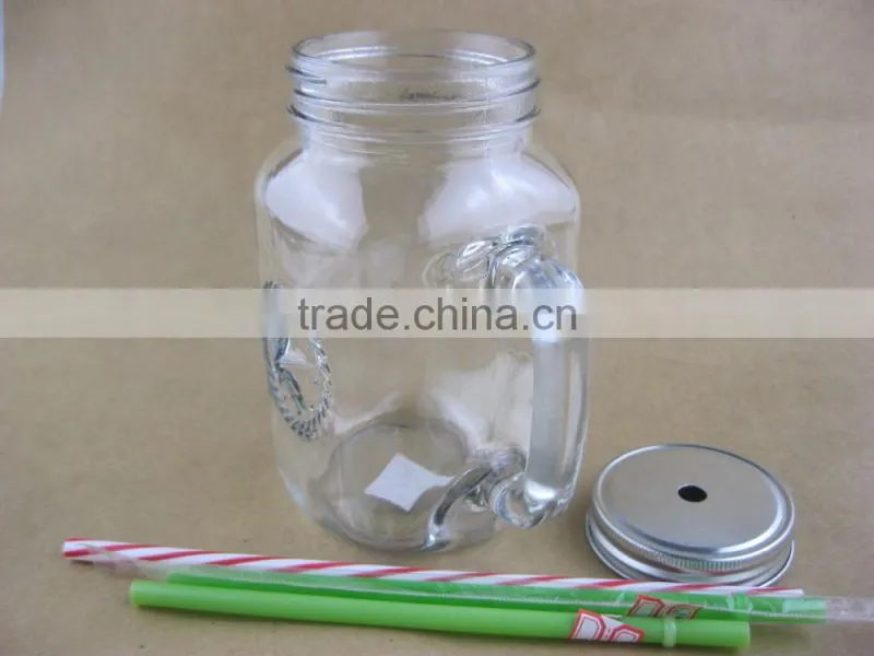 glass mason jars , drinking jar , glass mason jar with handle and metal lid straw