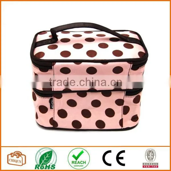 Double Layer Cosmetic Bag Pink with Coffee Dot Travel Toiletry Cosmetic Makeup Bag Organizer With Mirror