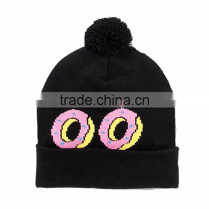 Unique acrylic sports stripe beanie with pompom