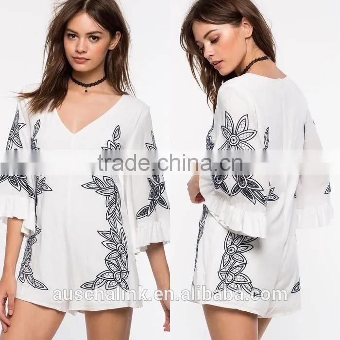 new style girls white bold embroidered floral cheap romper