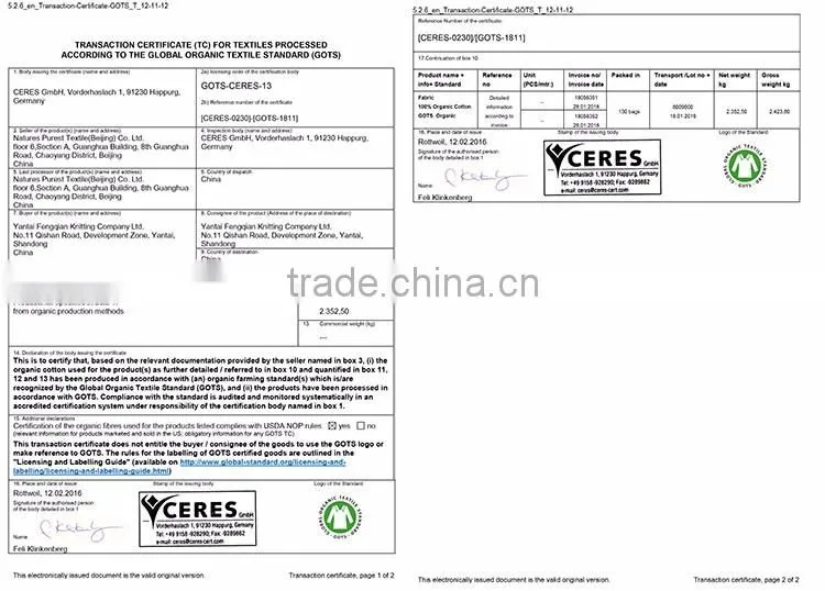 Wholesale Gots Certification 100% Organic Cotton 1*1 Rib Fabric