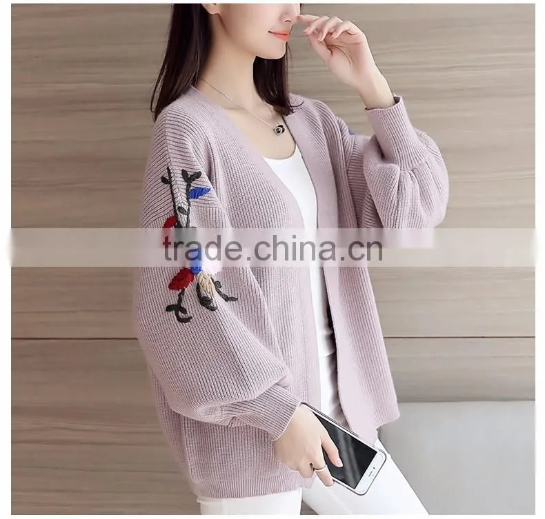 fall ladies loose embroidery sweater coat green bishop sleeve knit short sweater