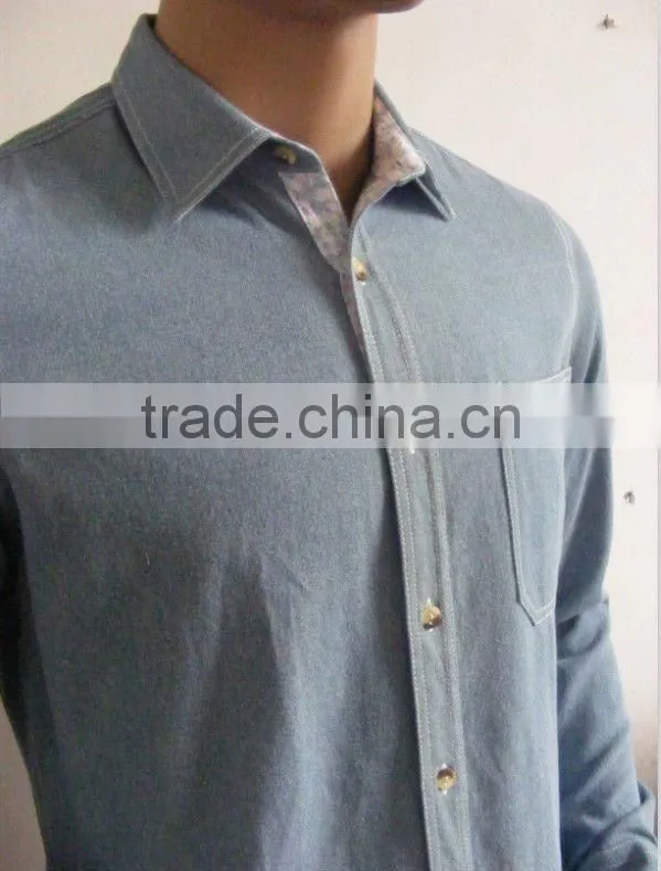 Light blue100%Pure Cotton Washed Denim/Retro Cowboy Shirt for men with Printed collar