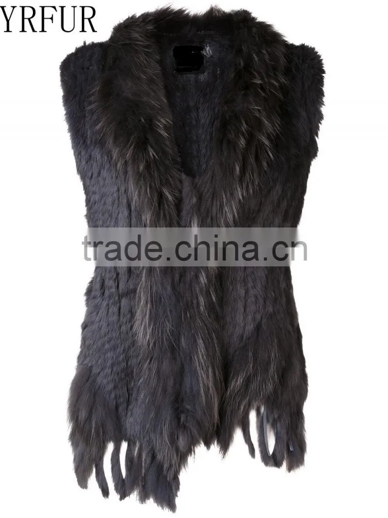 YR006A New Arrive Real Rabbit and Raccoon Hand Knit Vest with Tassels Top Sales Fur Gilet