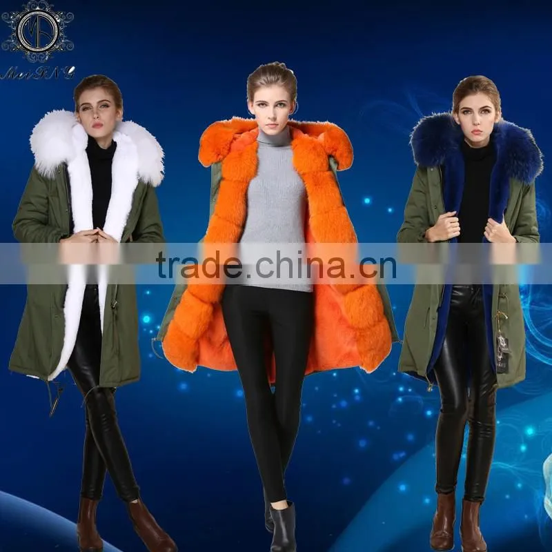 2017 FASHION women winter wear light pink fur long black jacket raccoon fur collar Mrs furs parka