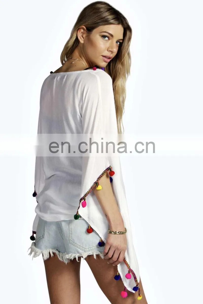BRIGHT POM POM TRIM OVERSIZED TOP Slim Embroidered Poncho/ Short Kaftan For Women Summer Wear