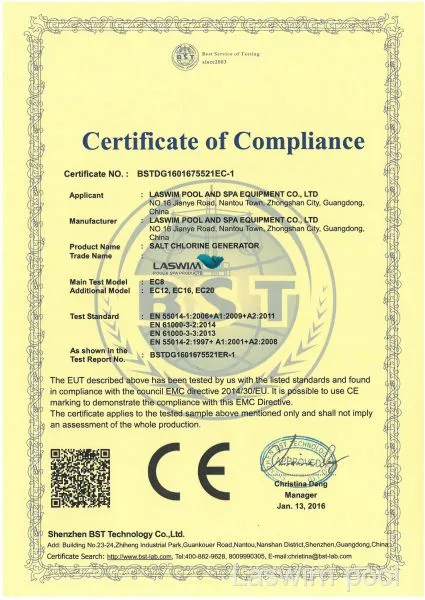 Certificate of Compliance (for EC salt chlorine ge