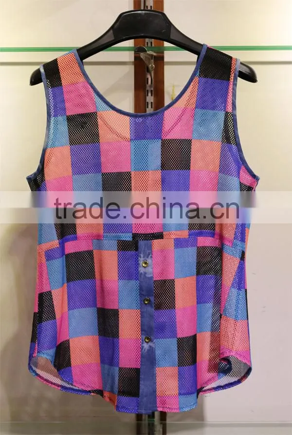 Women's sleeveless collarless tops with colorful squares