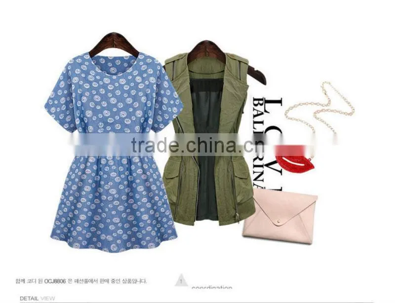 2014 Ladies Casual Women Top Designer Denim Summer women wear short sleeve Dress High Qality printing Women dress fashion 2014