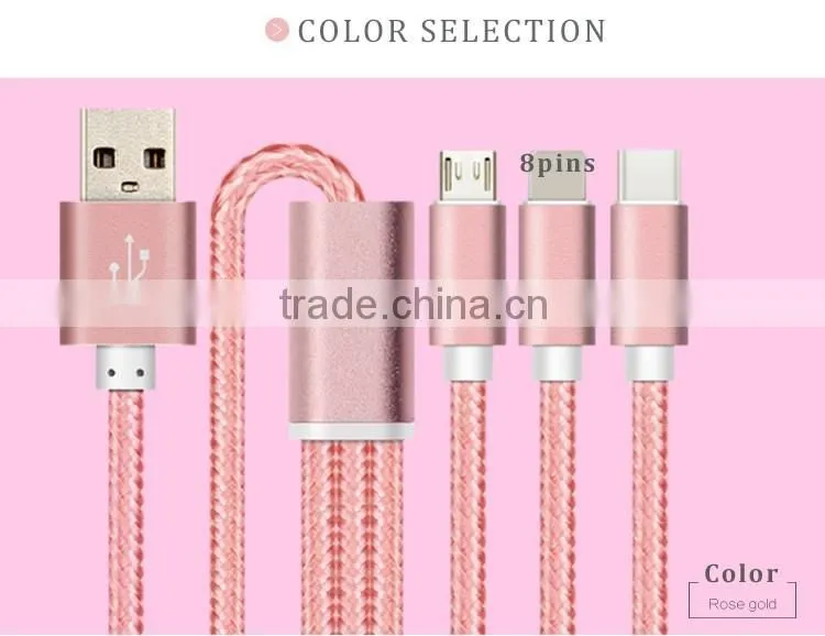 multi-function usb multi charger charging plug USB data line cable 8pins micro type c 3 in 1 for iPhone and Android