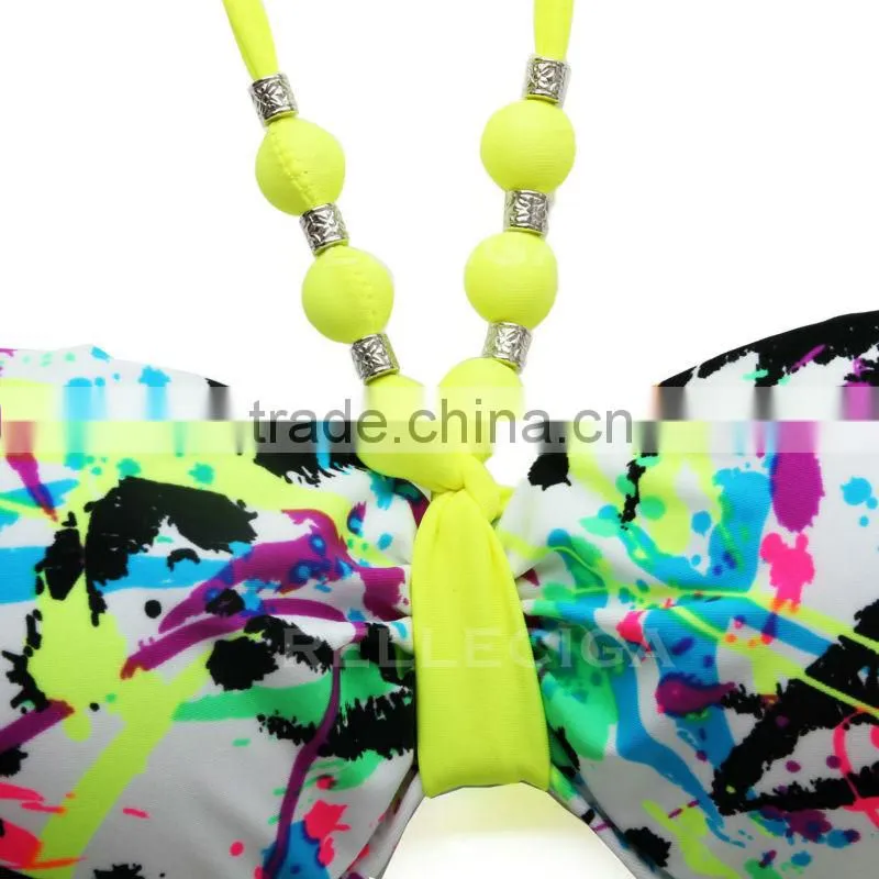 Wholesale Swimwear! Doodle Push-Up Bandeau Young Sexi Girl Bikini Swimwear Model with Neon Yellow Neck Ties by RELLECIGA