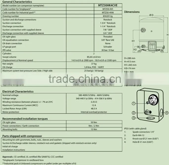 Good performance piston refrigeration Maneurop compressor MTZ50