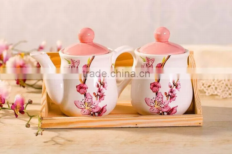 Wholesale Ceramic Creamer and Sugar Canister Set with Bamboo Stand