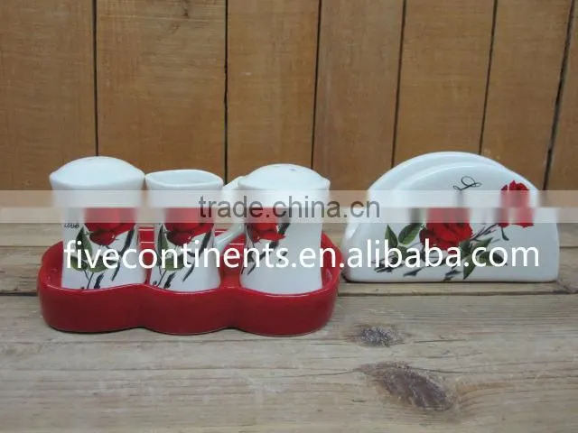 Ceramic Salt Pepper Shaker with Tissue Holder and tray
