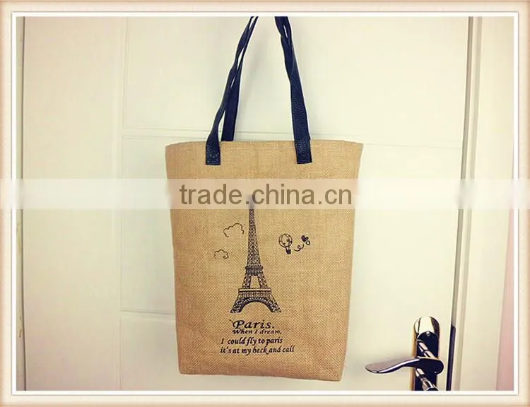 Fashion lady jute shopping bag with PU handle