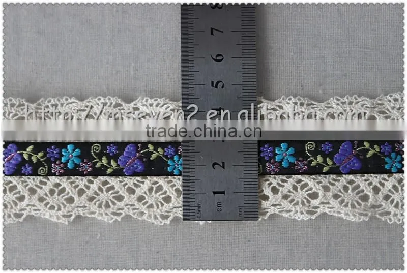 4.5cm width embroidery flower jacquard ribbon, embroidered woven fringed jacquard ribbon