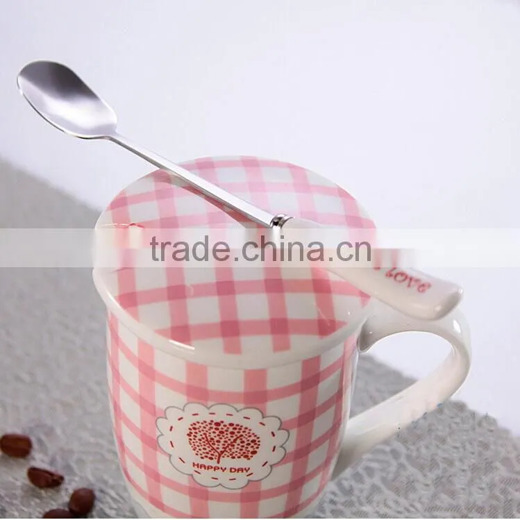 Ceramic mug with spoon,coffee mug with lid&spoon,floral dot travel mug with handle,mug with spoon