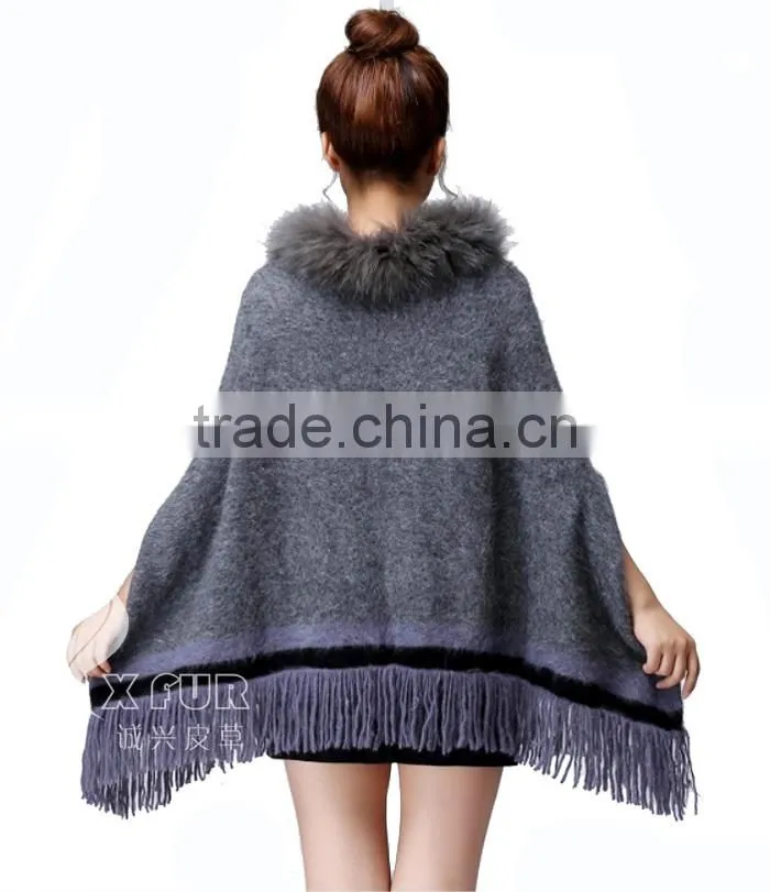 CX-B-P-33C 2016 Wholesale Fashion Lady Pashmina Shawl With Raccoon Fur Collar