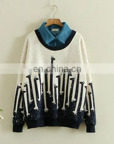 2017 Autumn Wholesale Long Sleeve Cotton Woven Jean Collar Women Sweatshirt