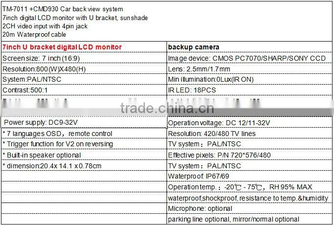 RV-7011V 7 Inch reversing camera system with night vision camera& 7" digital LCD monitor