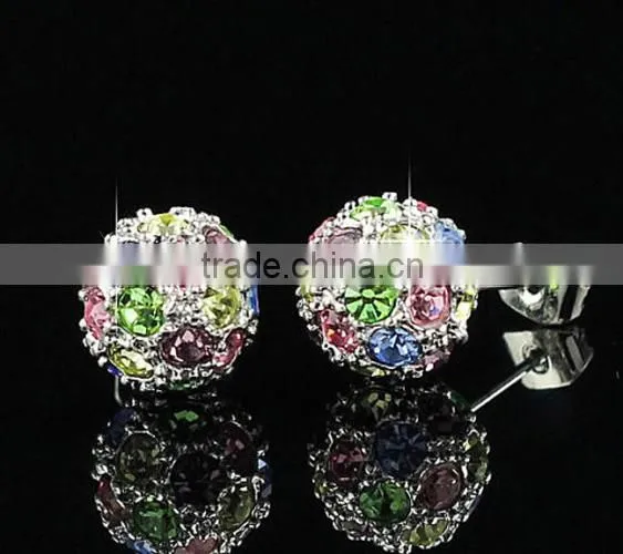 18k gold crystal color stud ball earrings