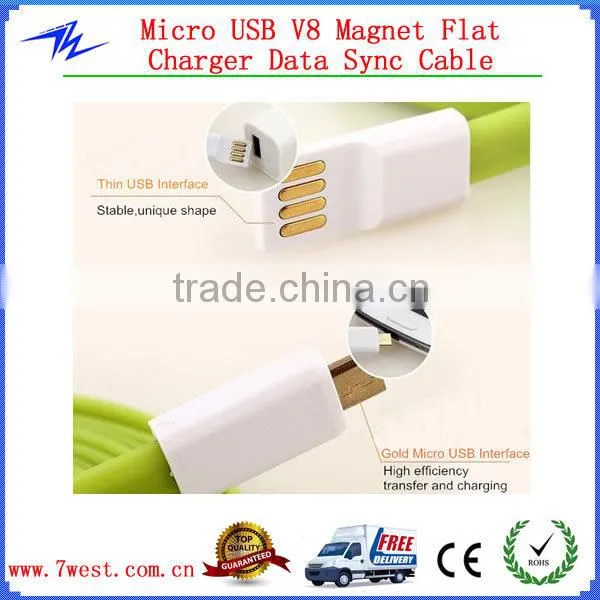 Newest Colorful Noodle Flat Magnet Micro USB Cable Charger Data Sync Cable for iPhone4/iPhone 5/Andriod smartphone