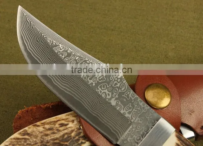 OEM Damascus steel antler wood handle full tang knife