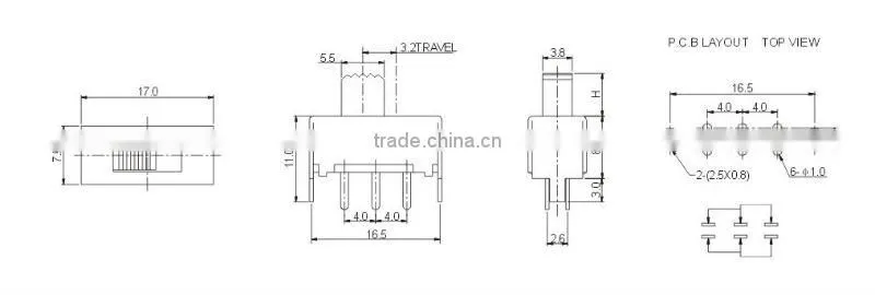 6 pin pcb slide switch SS-22E01(1P2T)