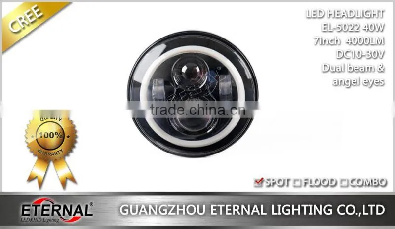 40W 7in round 4WD off-road truck SUV automotive vehicles sealed dual beam led headlight lamp dual beam with H4 plug halo ring
