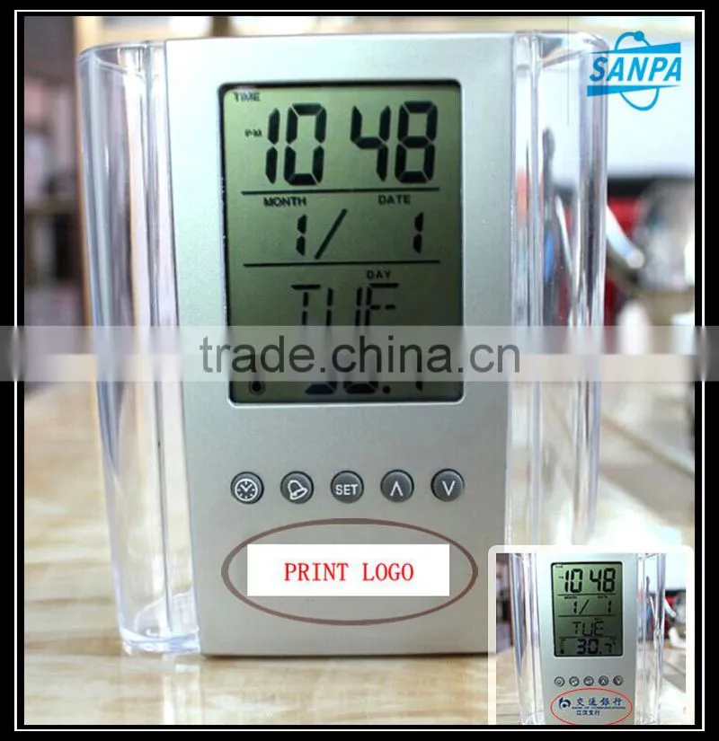 Plastic Electronic Pen Holder With Digital Clock