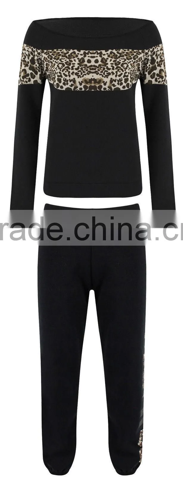 Ladies Leopard Print & Off Shoulder black Tracksuit Jessica Wright Celeb Joggers