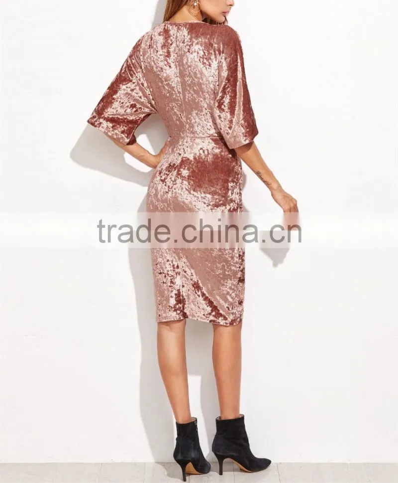 Womens Half Sleeve Crushed Velvet Wrap Dress Ladies V Neck Tunic Irregularity Velvet Knee Length Dress