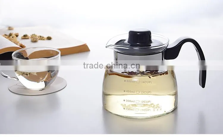 pyrex glass water pot, clear glass cooking tea pot, fancy water glass bottle with plastic handle