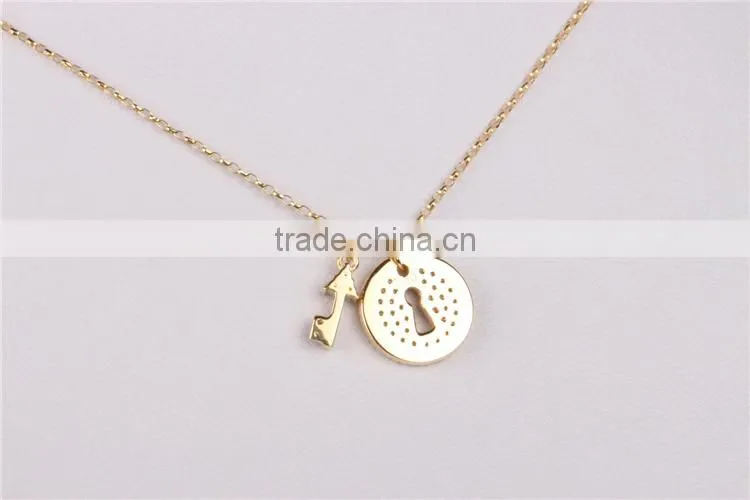 wholesale fashion silver lock and key pendant 925 solid silver gold plated necklace