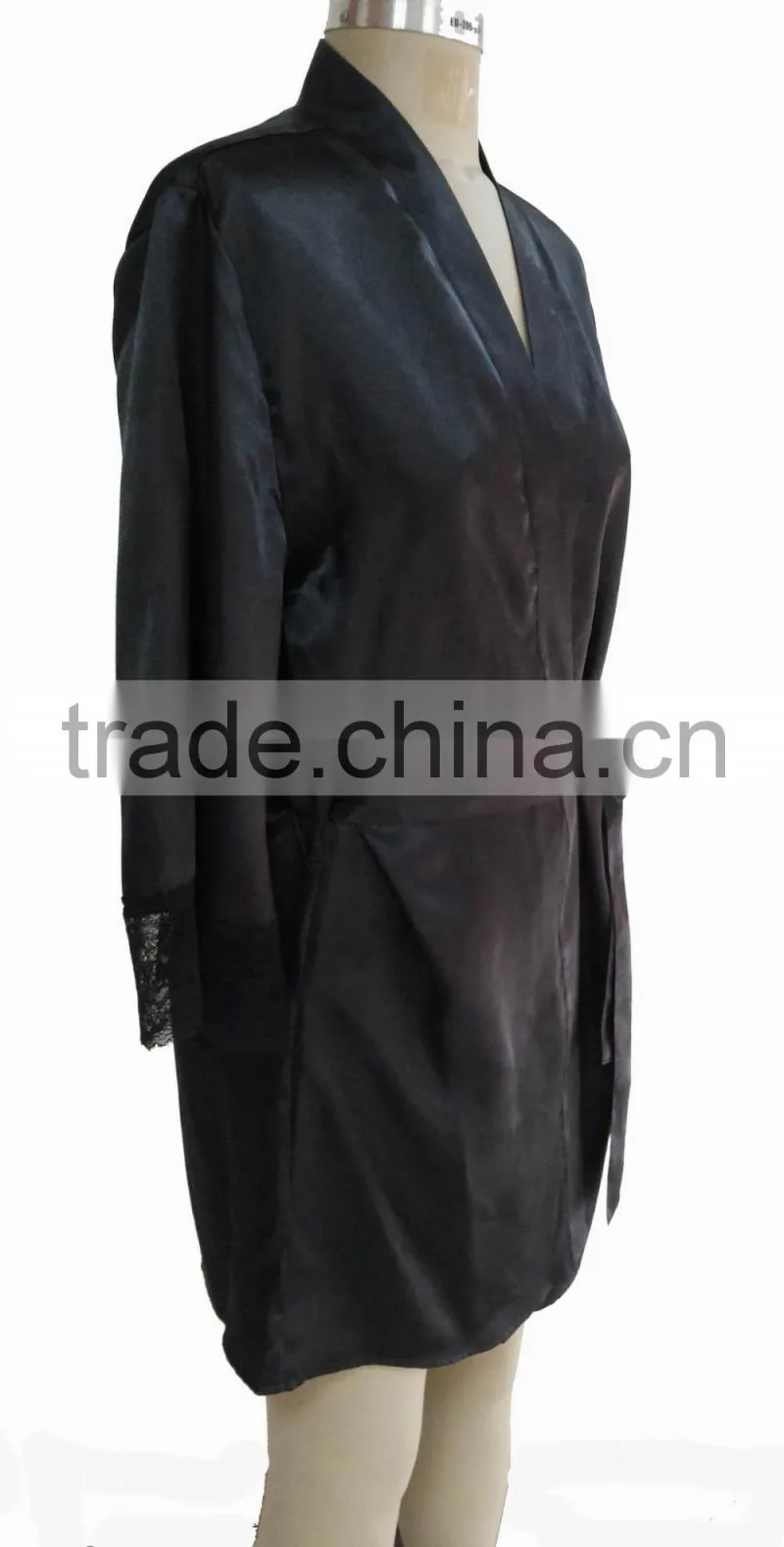 comfortable women black satin lace robe