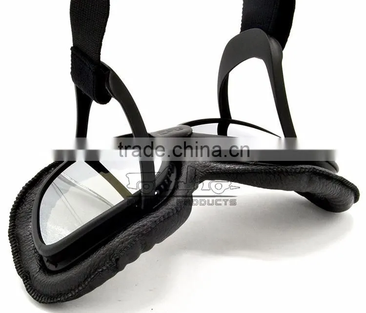 BJ-GT-007 New Arrival Black Leather Goggles Motorcycle with Clear Lens