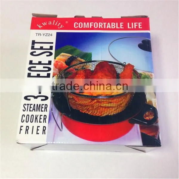 frying pan 3 pieces sets stockpot metal frying basket net with glass lid