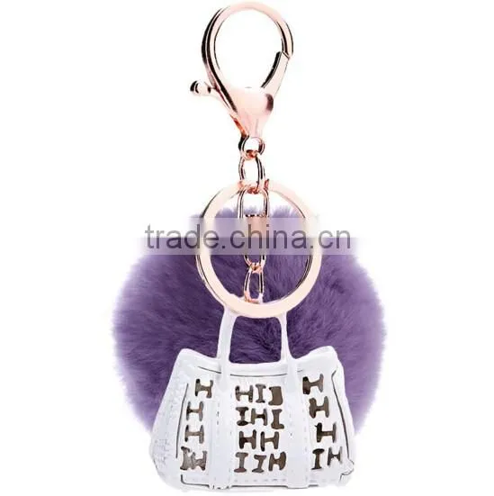 Factory high quality rhinestone enamel owl keychain with plush ball